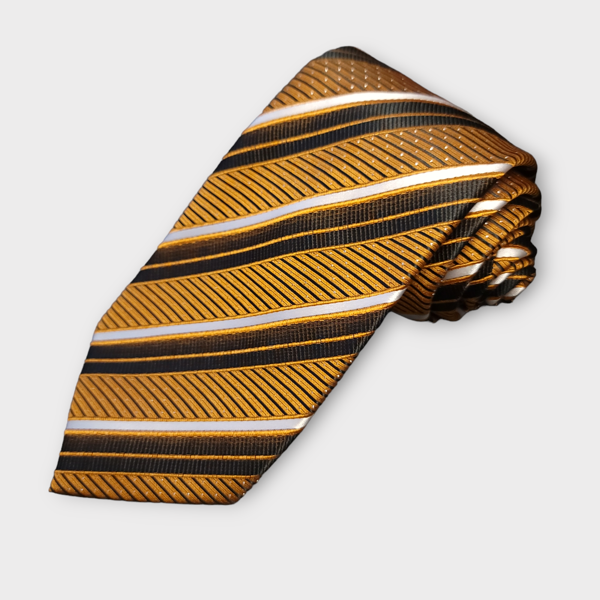 Gold Orange Striped Silk Tie Pocket Square Cufflink Set