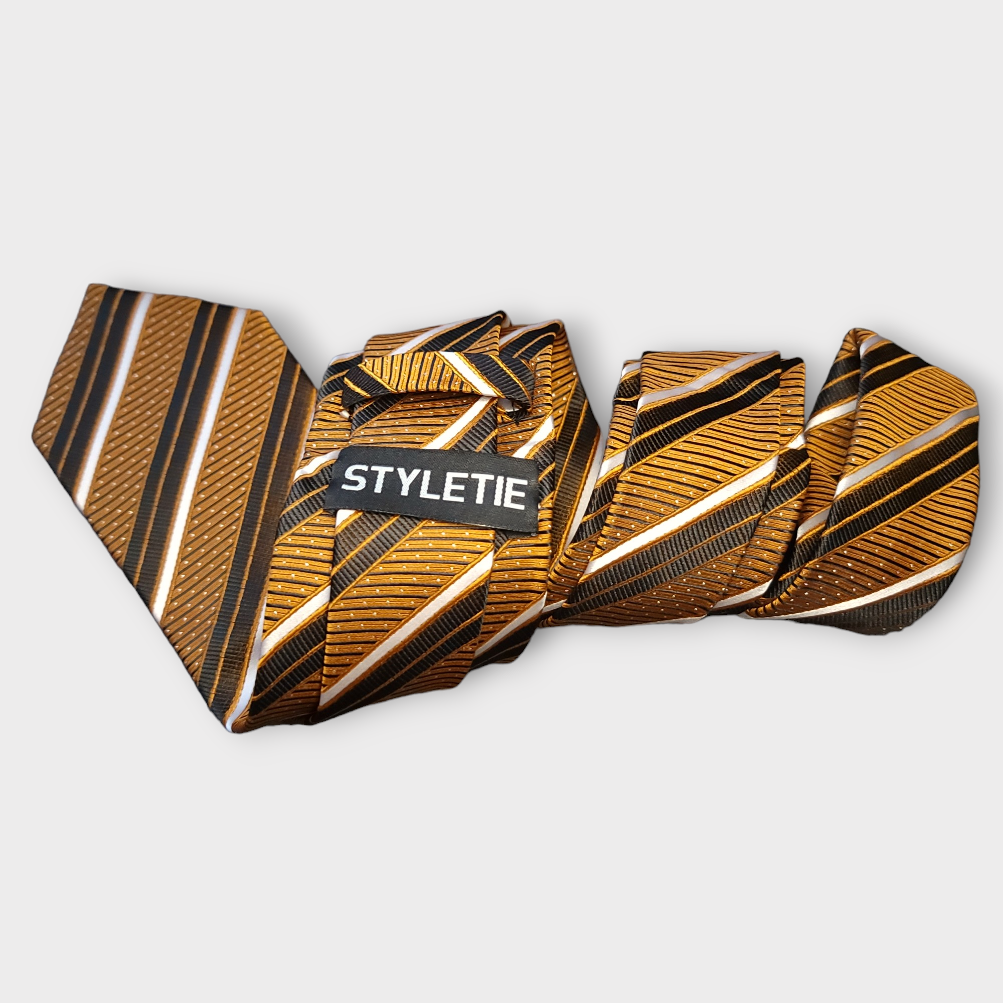 Gold Orange Striped Silk Tie Pocket Square Cufflink Set