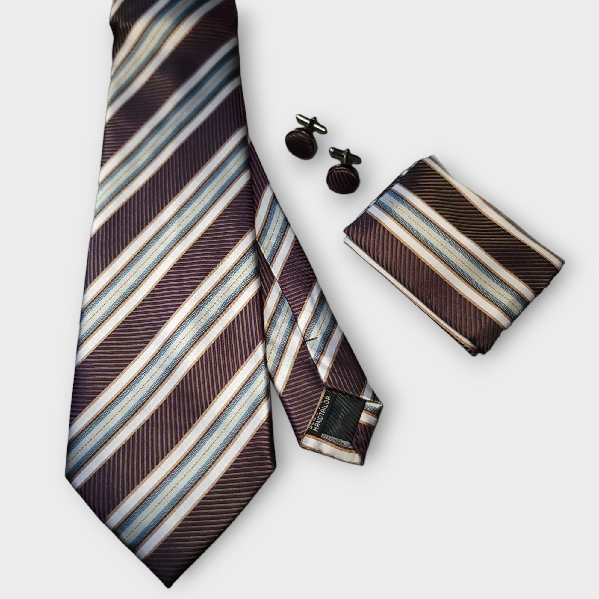 Purple White Striped Silk Tie Pocket Square Cufflink Set