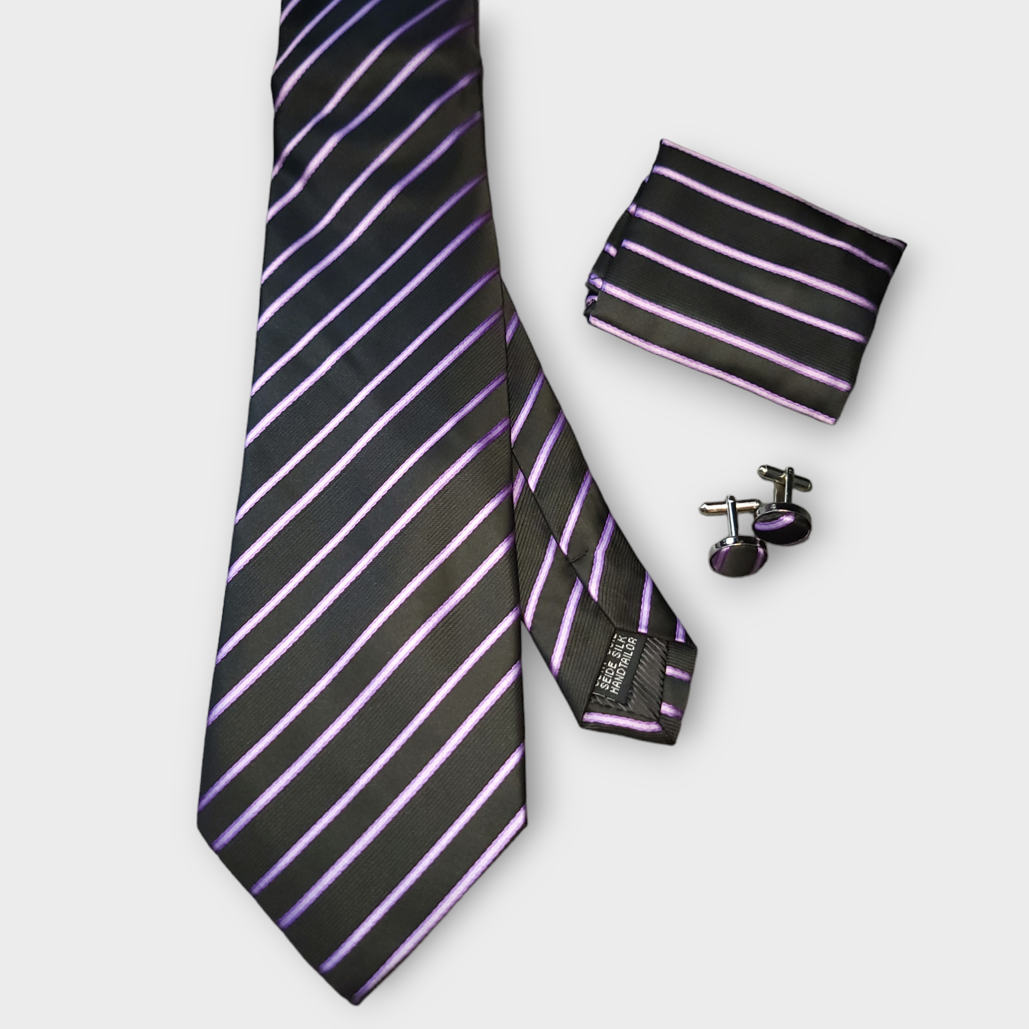 Black Purple Striped Silk Tie Pocket Square Cufflink Set