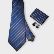 Gold Navy Striped Silk Tie Pocket Square Cufflink Set
