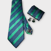 Green Striped Silk Tie Pocket Square Cufflink Set