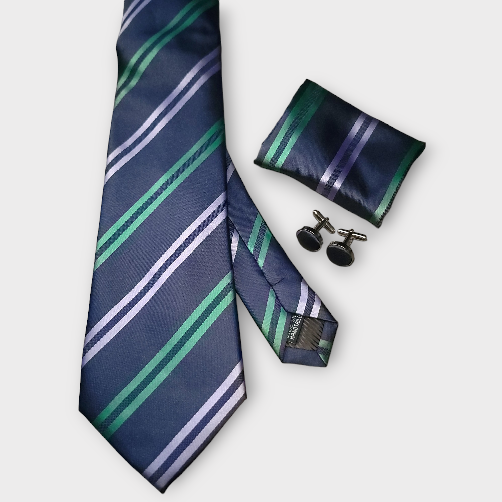 Navy Blue Striped Silk Tie Pocket Square Cufflink Set