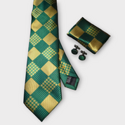 Green Gold Plaid Silk Tie Pocket Square Cufflink Set