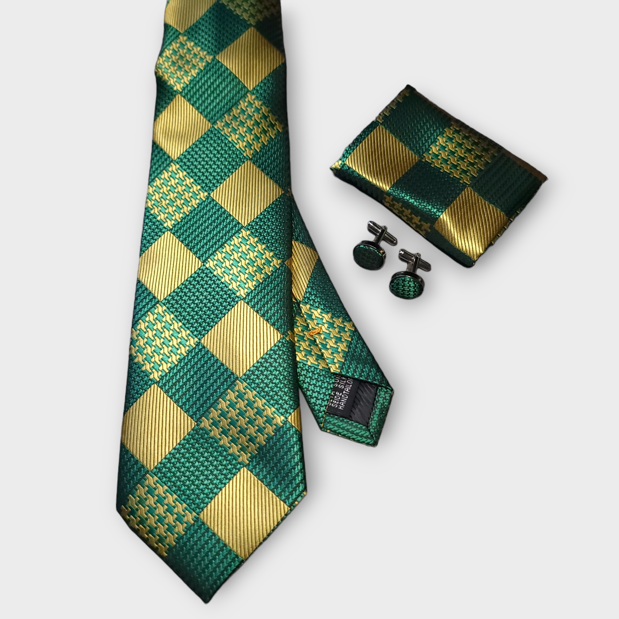 Green Gold Plaid Silk Tie Pocket Square Cufflink Set