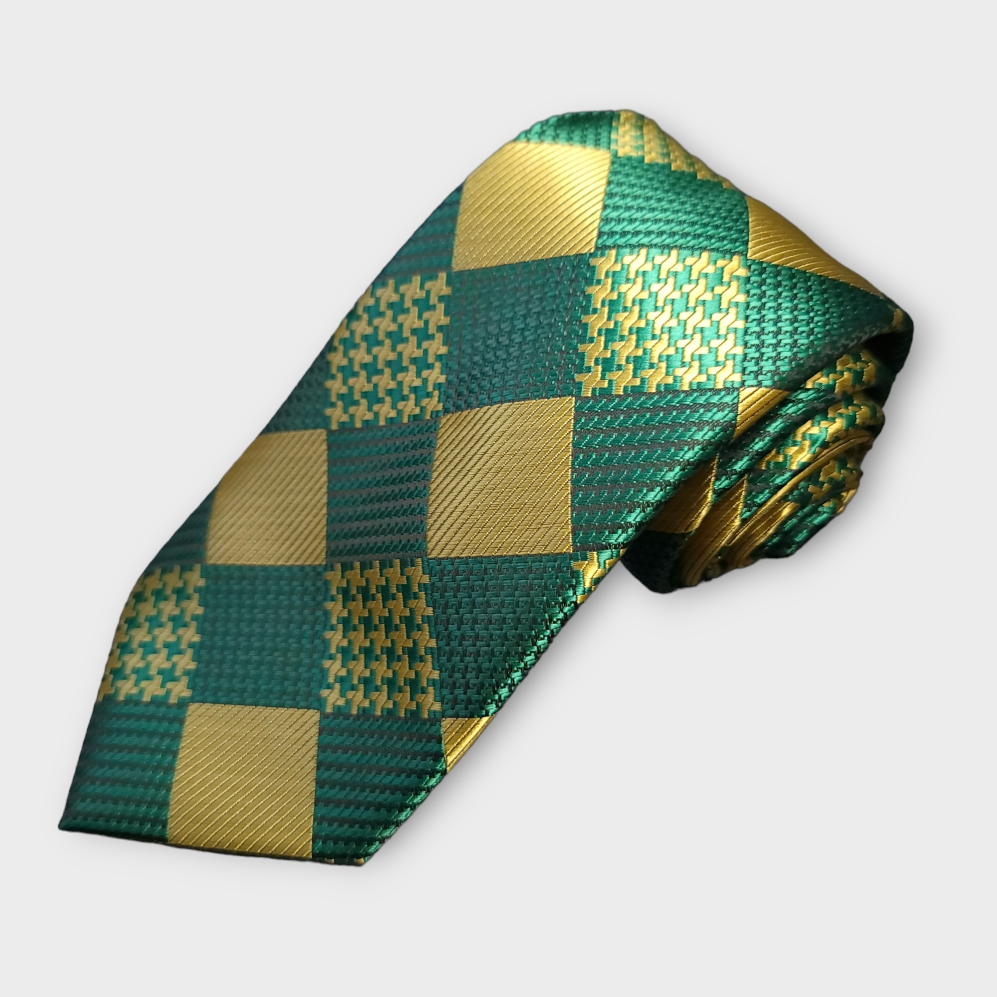 Green Gold Plaid Silk Tie Pocket Square Cufflink Set