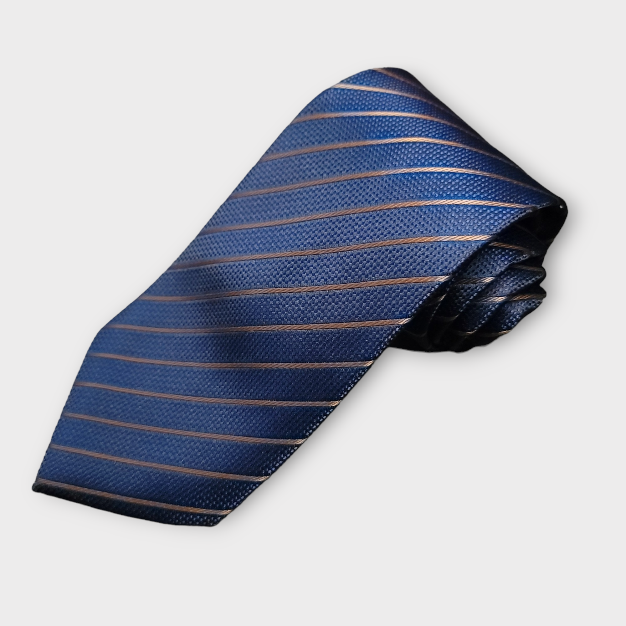 Gold Navy Striped Silk Tie Pocket Square Cufflink Set