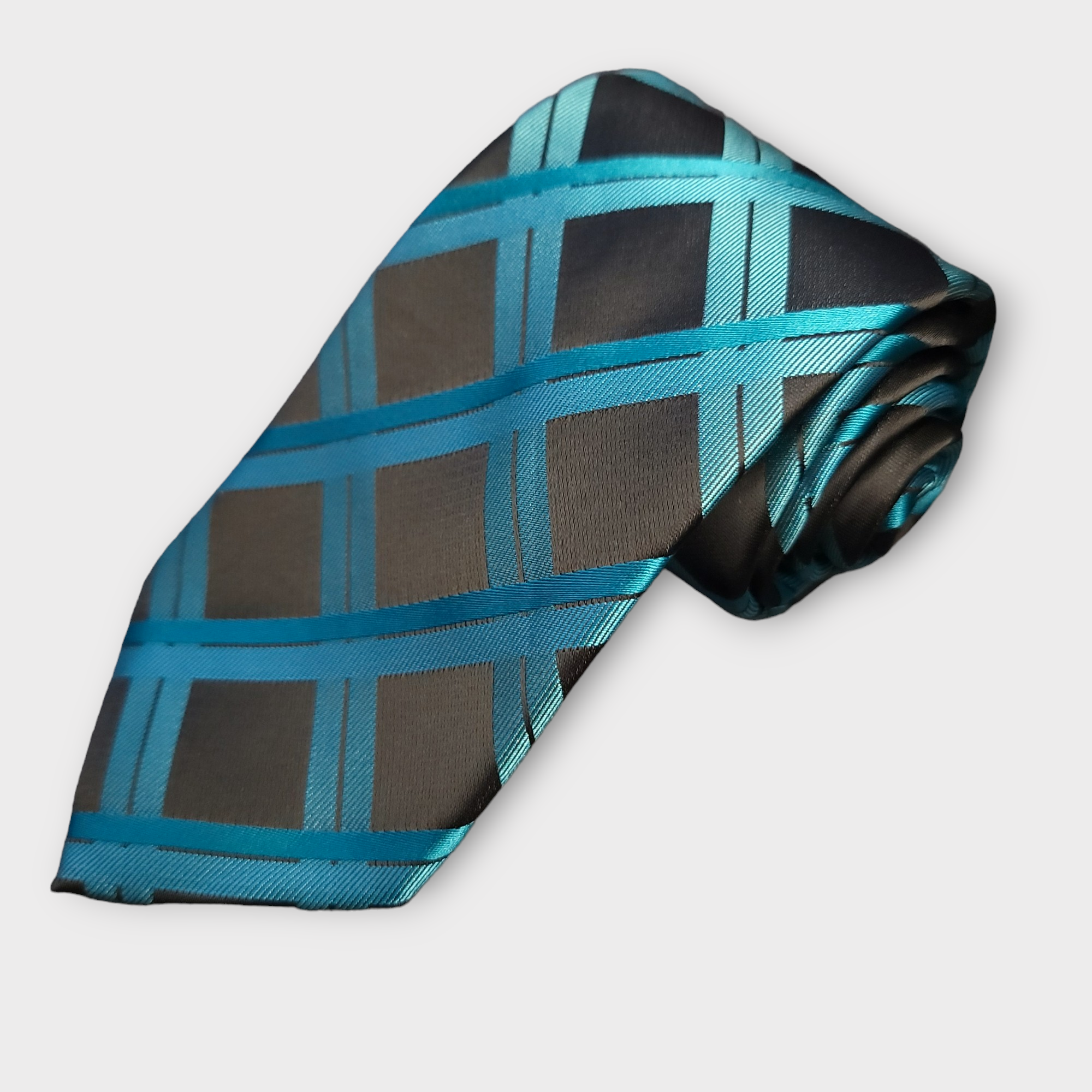 Black Teal Plaid Silk Tie Pocket Square Cufflink Set