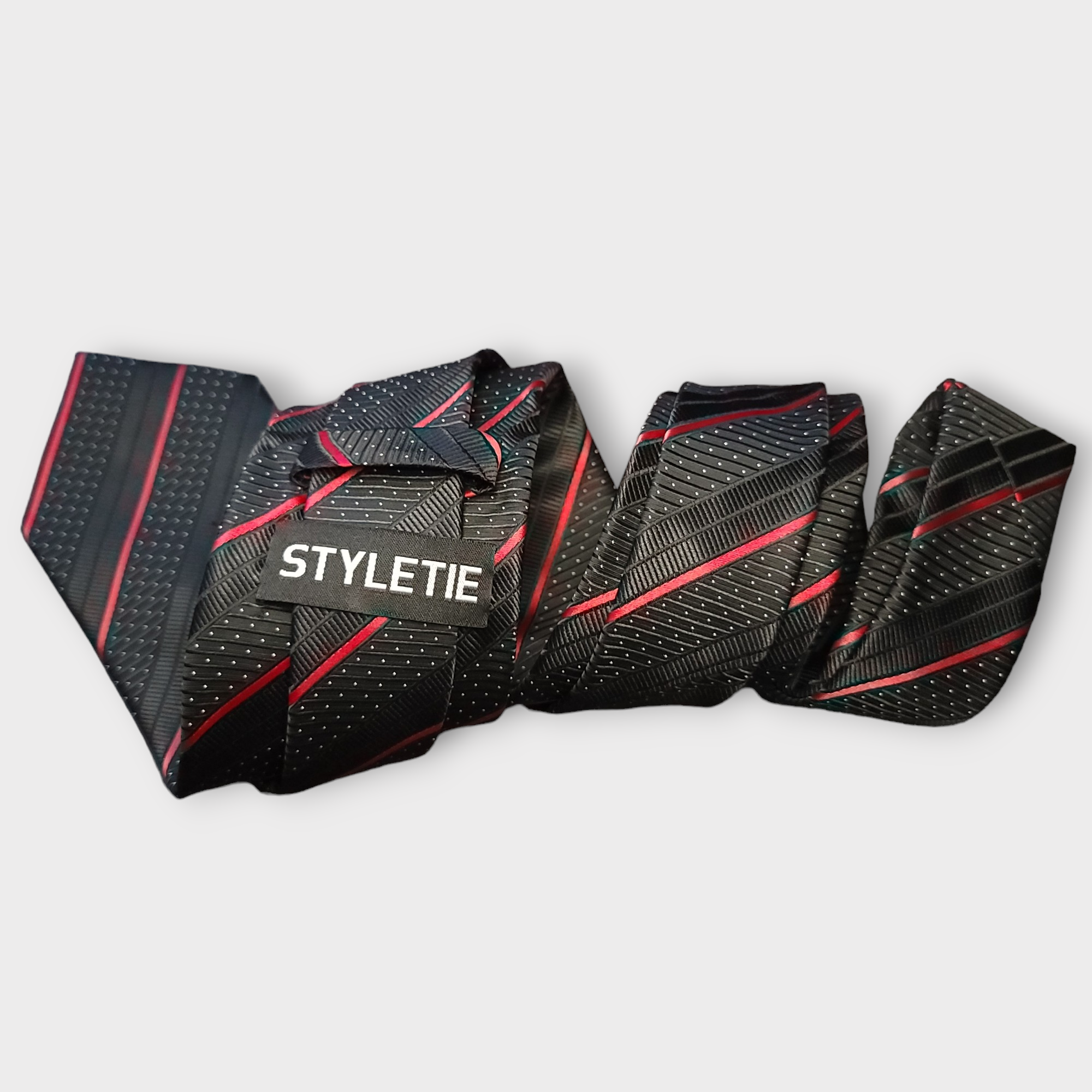 Black Red Stripe Silk Tie Pocket Square Cufflink Set