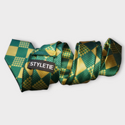 Green Gold Plaid Silk Tie Pocket Square Cufflink Set