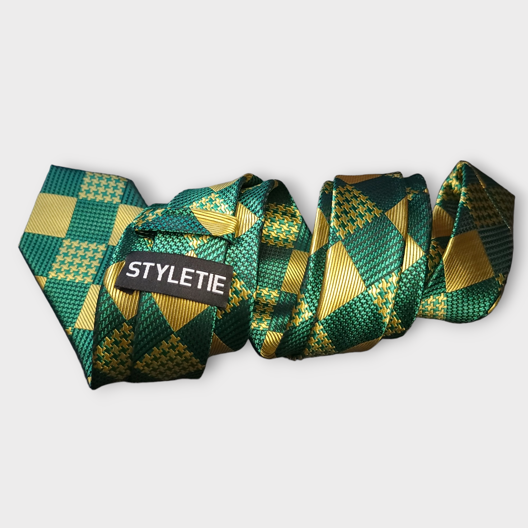 Green Gold Plaid Silk Tie Pocket Square Cufflink Set