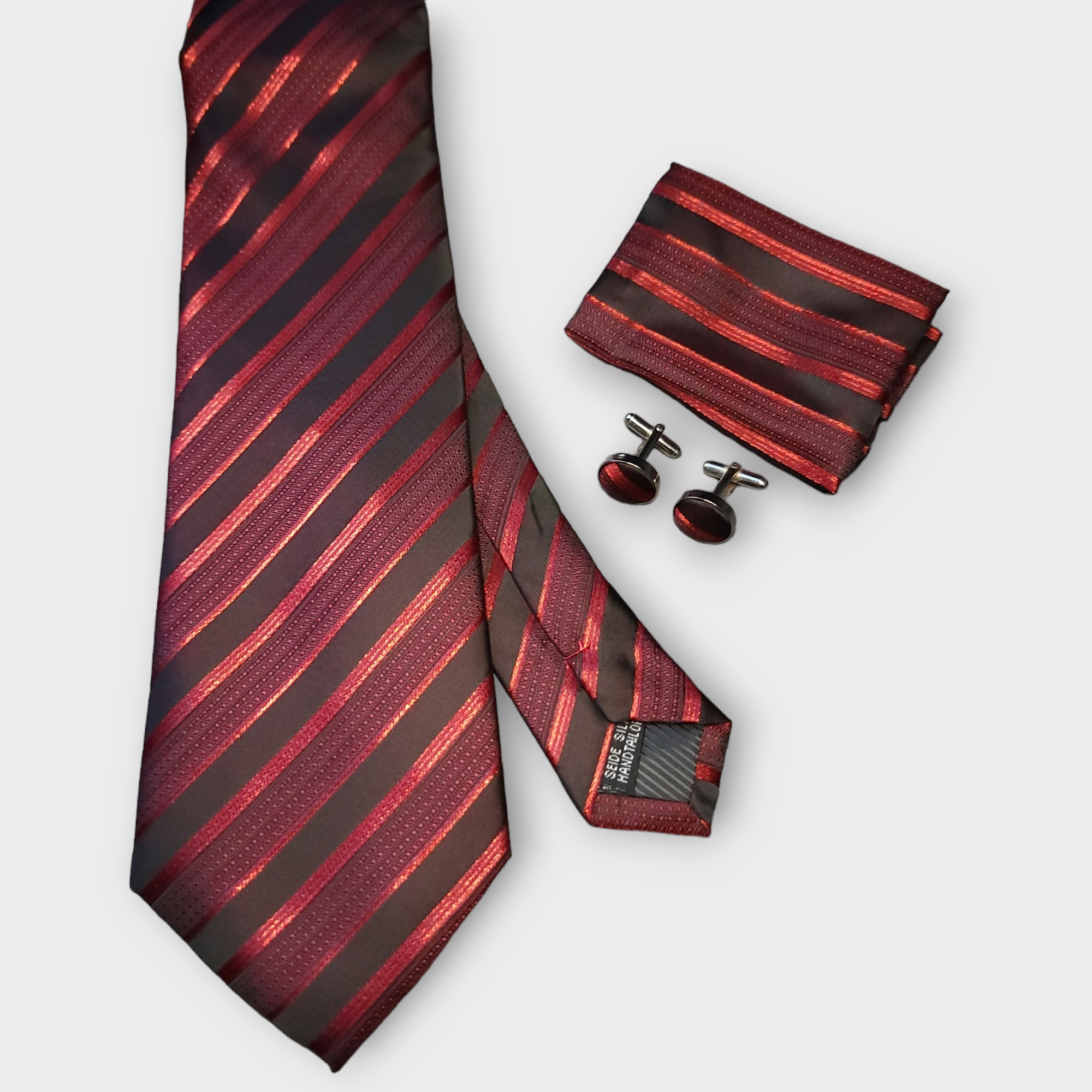 Red Striped Tie Pocket Square & Cufflinks Set