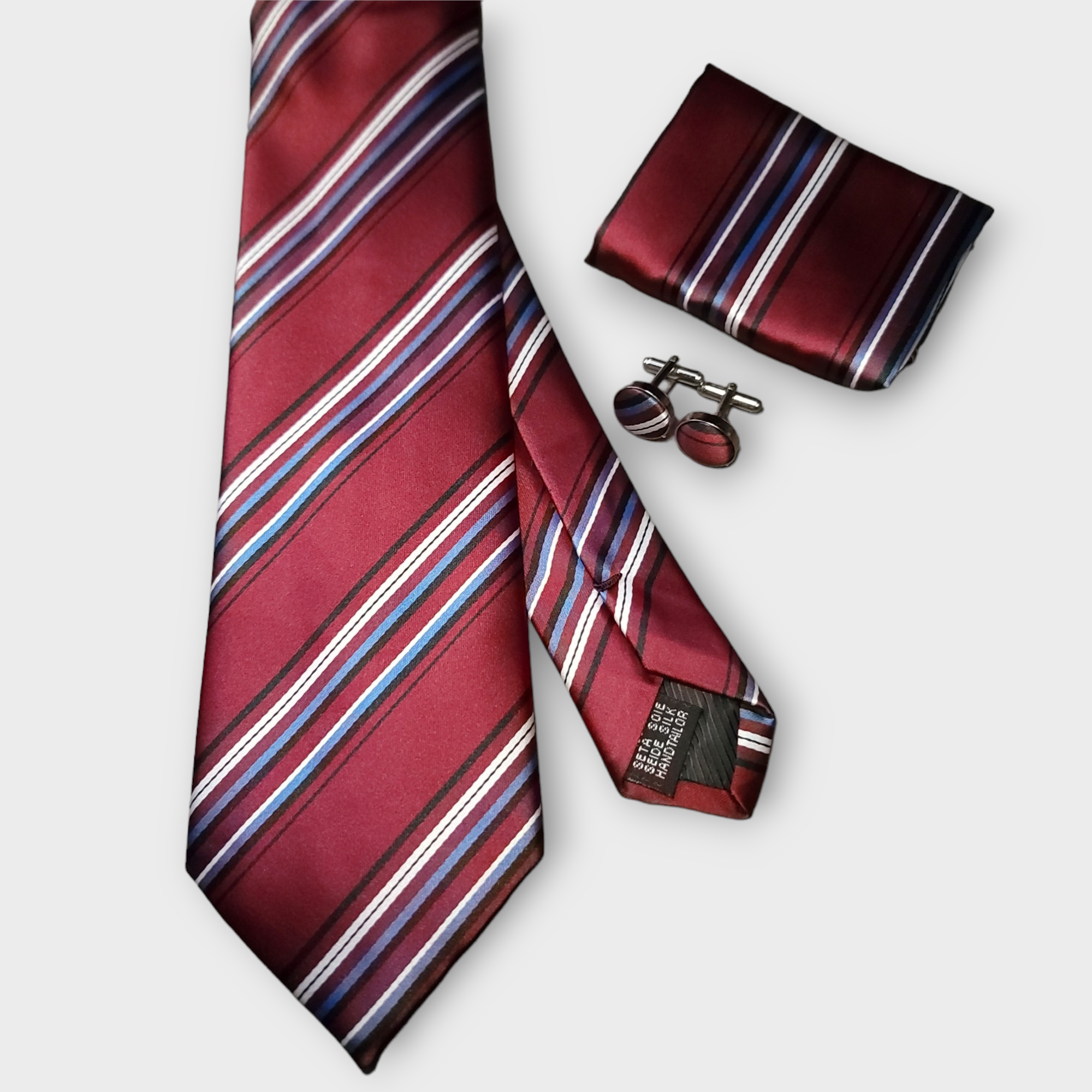 Classic Burgundy Striped Silk Tie Pocket Square Cufflink Set