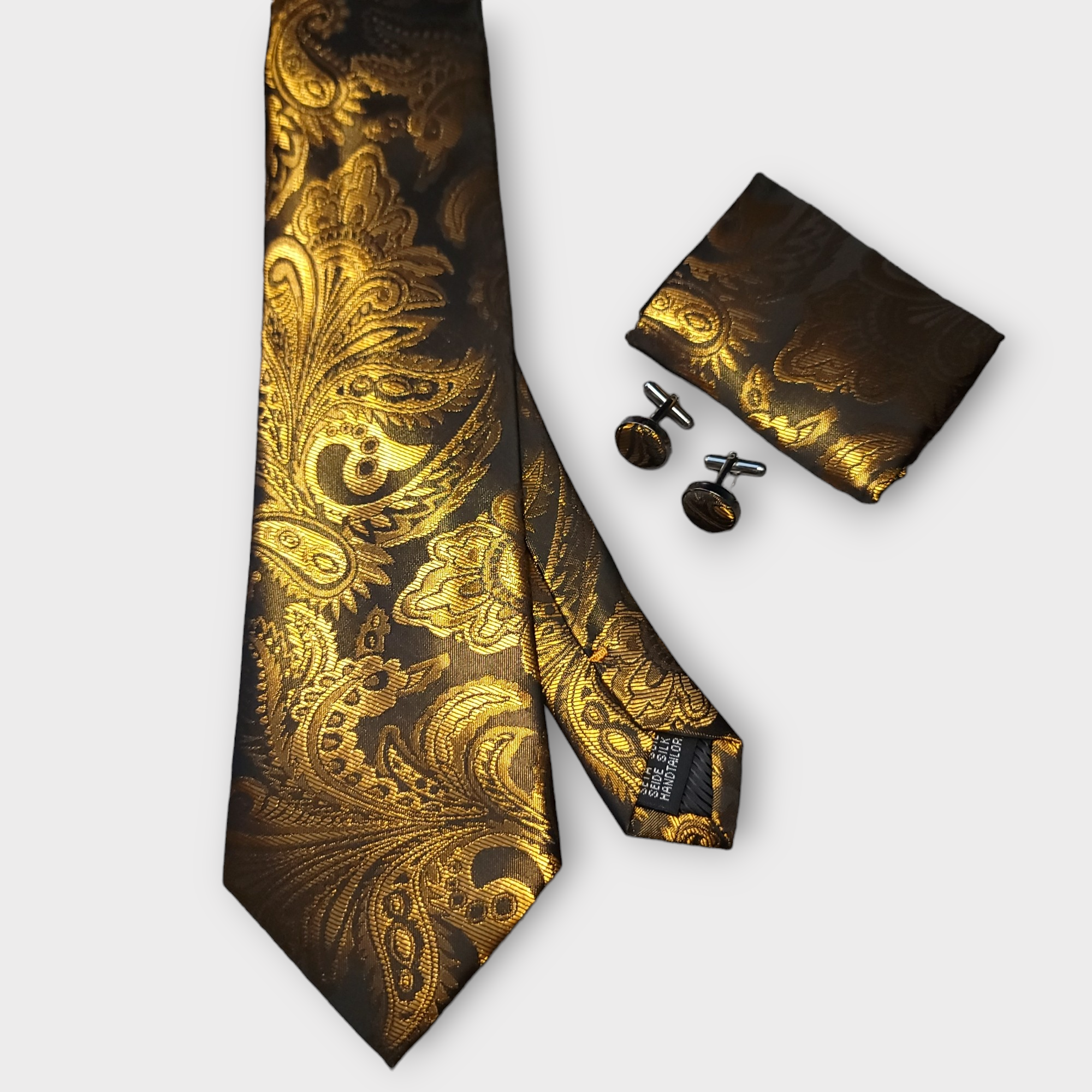 Golden Brown Paisley Silk Tie Pocket Square Cufflink Set