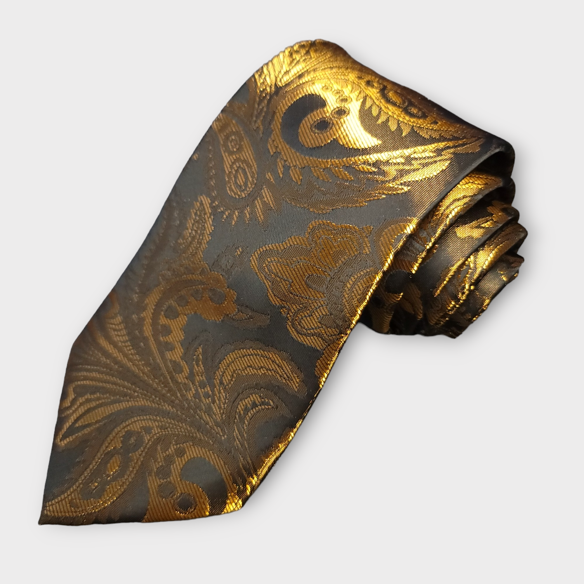 Golden Brown Paisley Silk Tie Pocket Square Cufflink Set