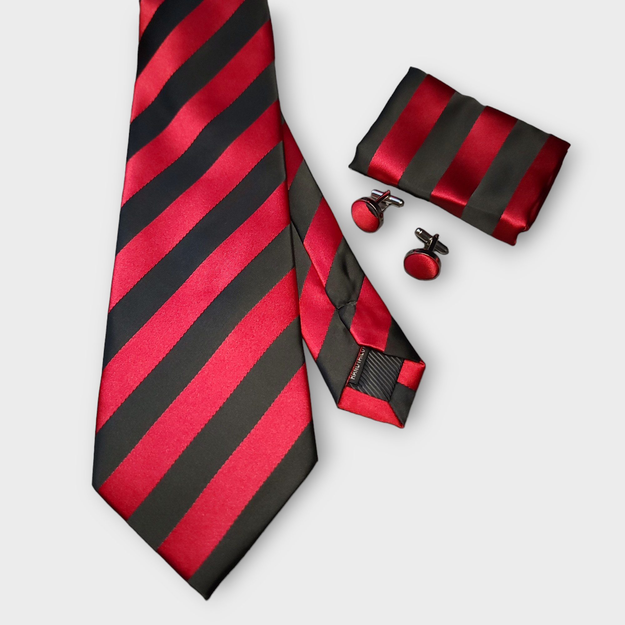 Red Black Stripe Silk Tie Pocket Square Cufflink Set