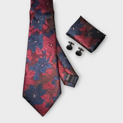 Extra Long Navy Blue Burgundy Floral Tie Pocket Square Cufflink Set