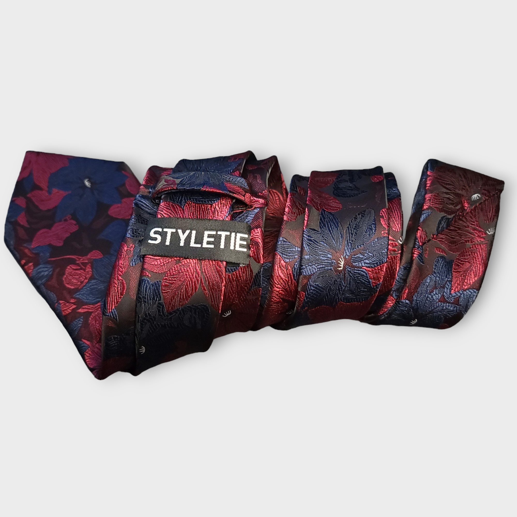 Red Blue Floral Silk Tie Pocket Square Cufflinks Set