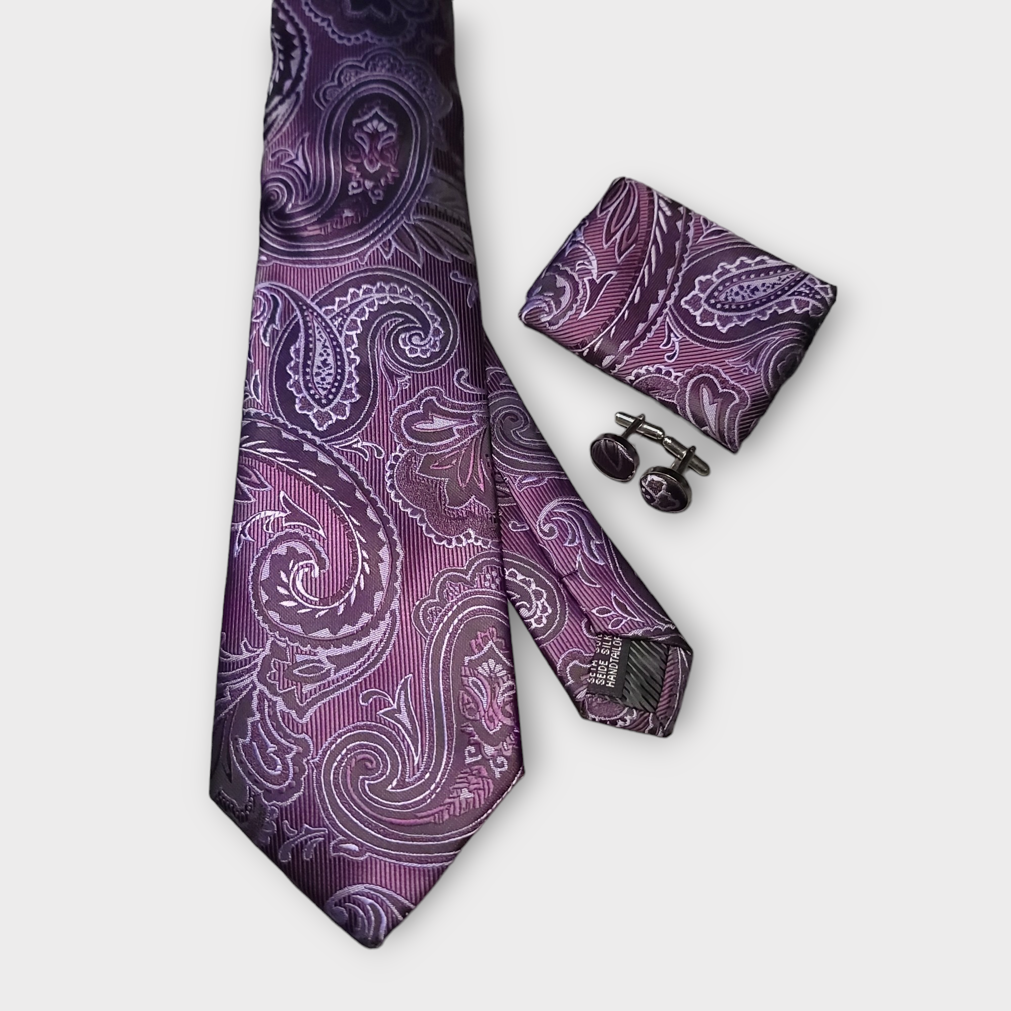 Purple Paisley Silk Tie Pocket Square Cufflinks Set