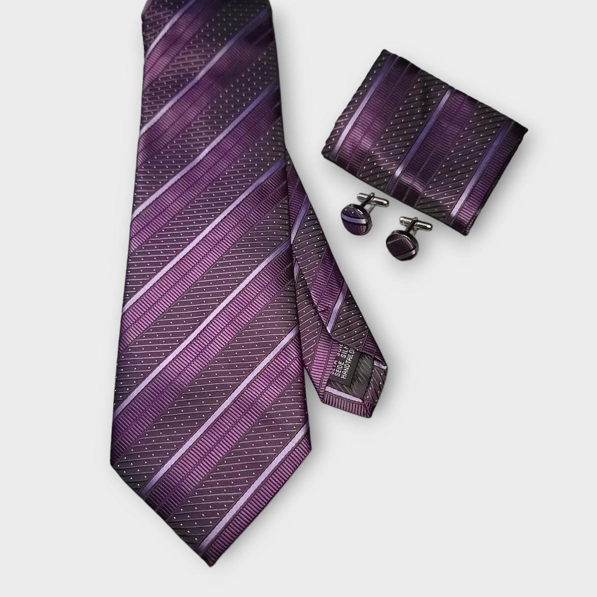 Purple Stripe Silk Tie Pocket Square Cufflink Set