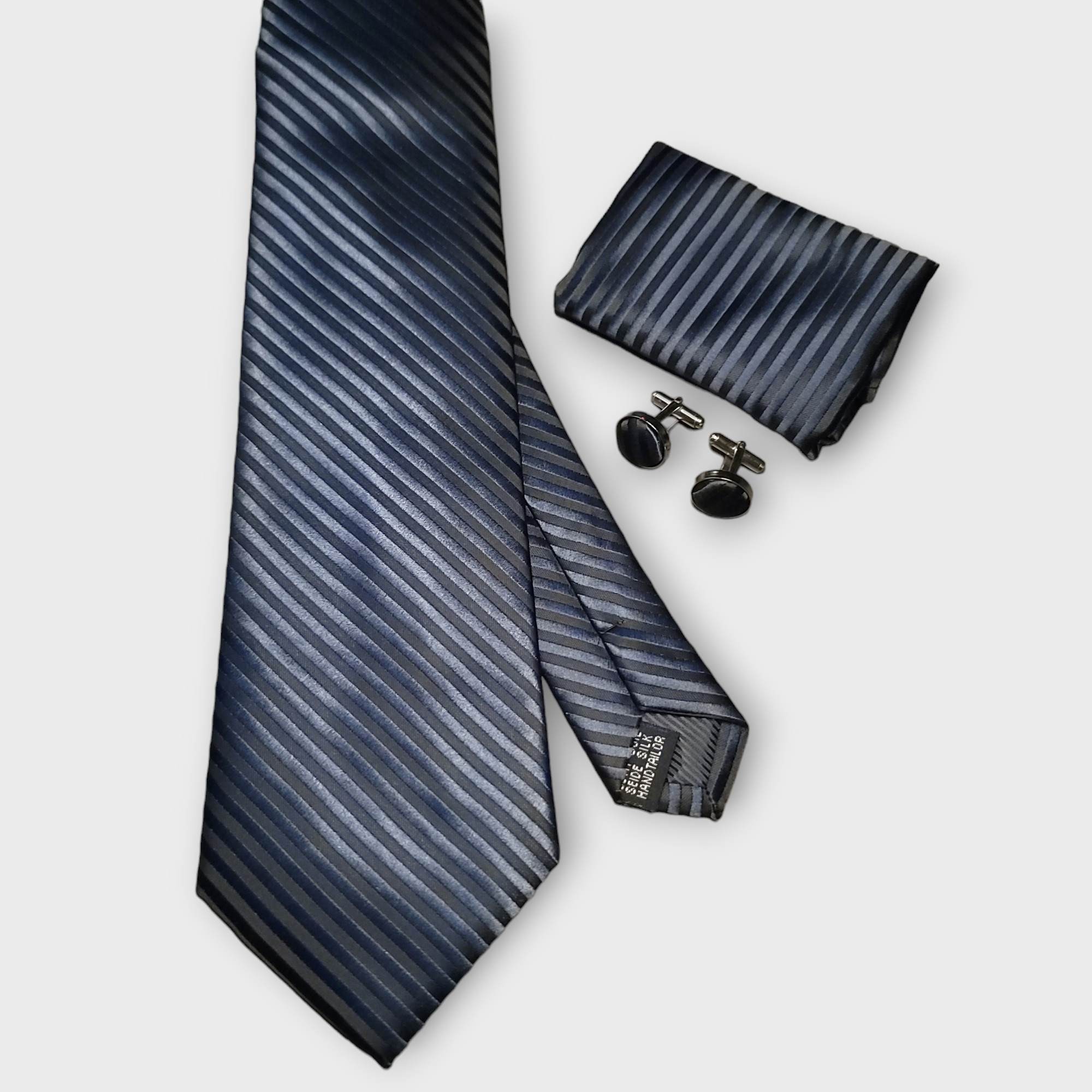 Navy Blue & Black Striped Silk Tie Pocket Square & Cufflinks Set