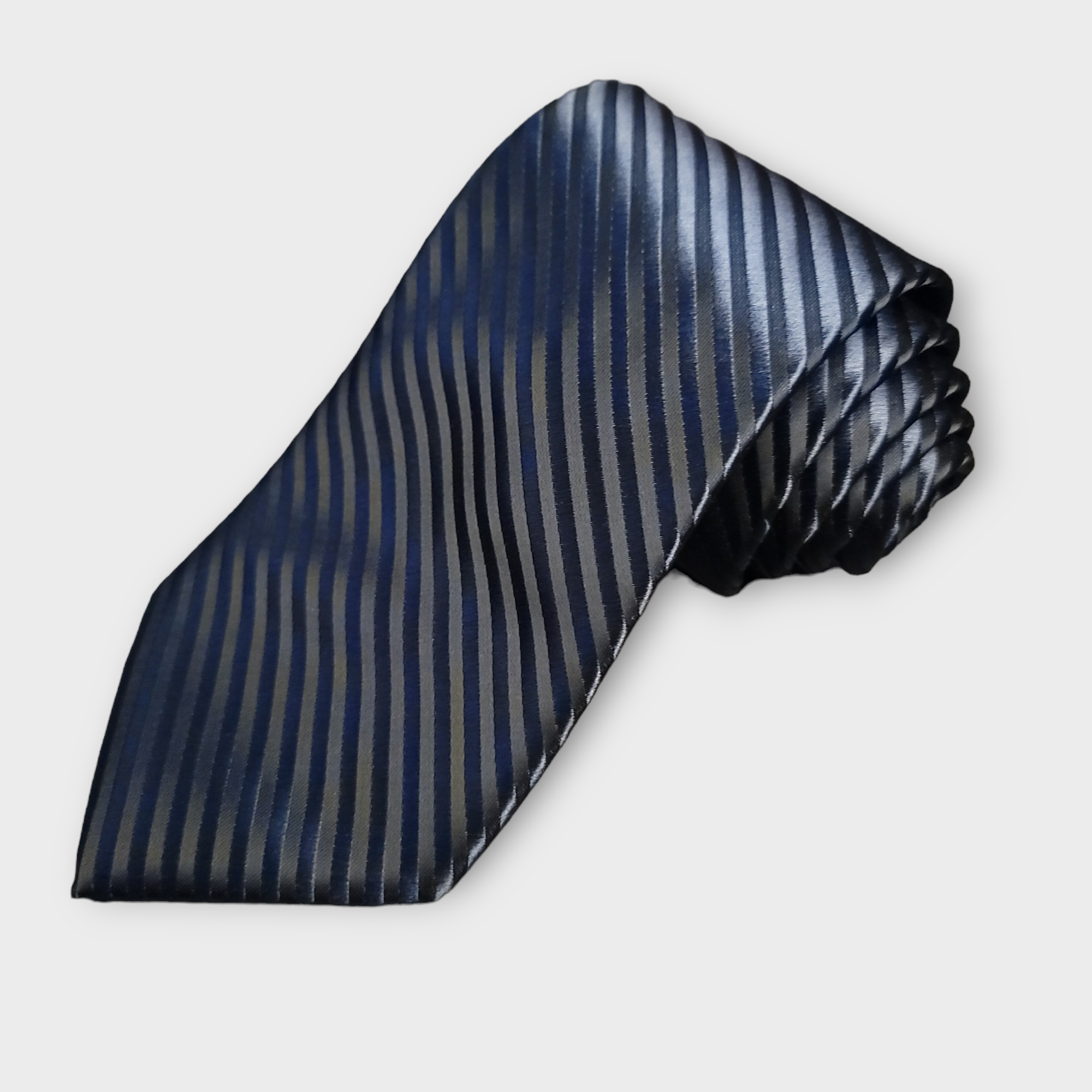 Navy Blue & Black Striped Silk Tie Pocket Square & Cufflinks Set