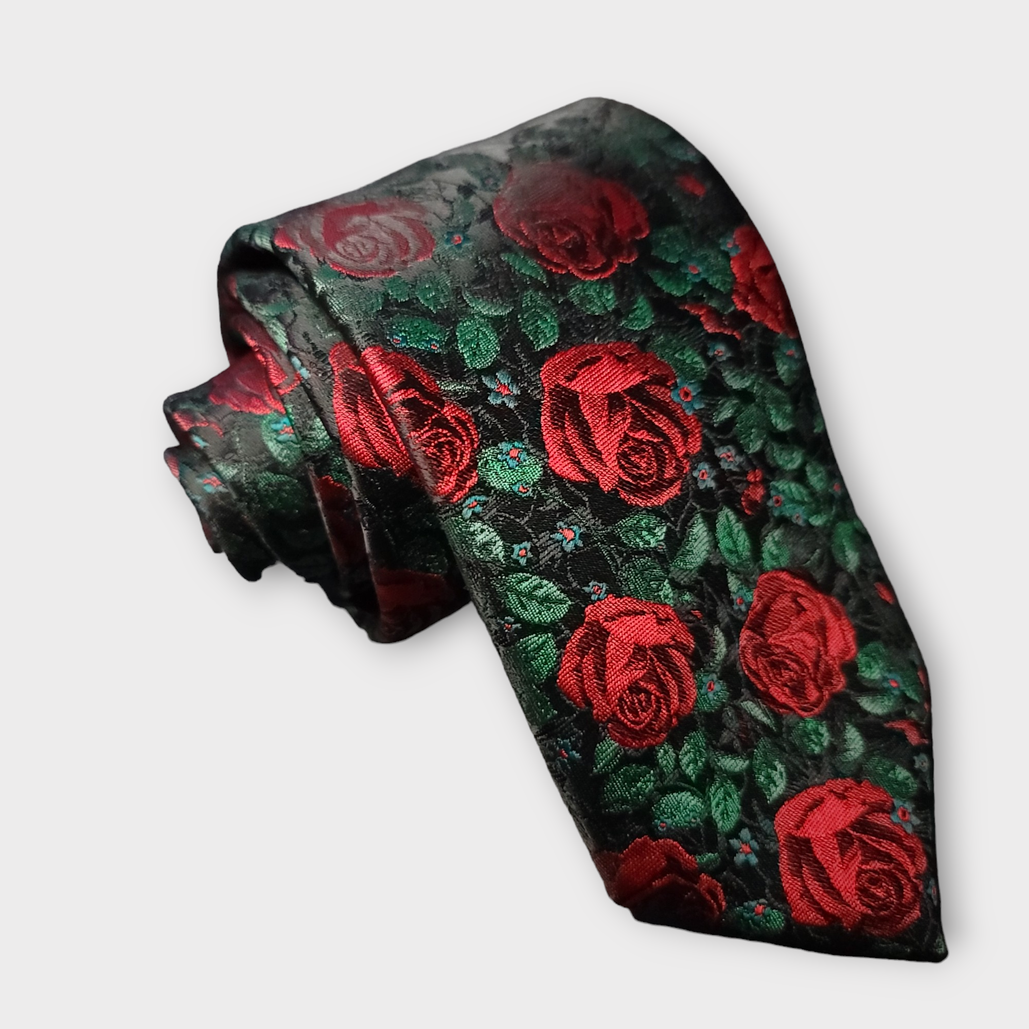 Red Rose Black Green Floral Silk Tie Pocket Square Cufflink Set