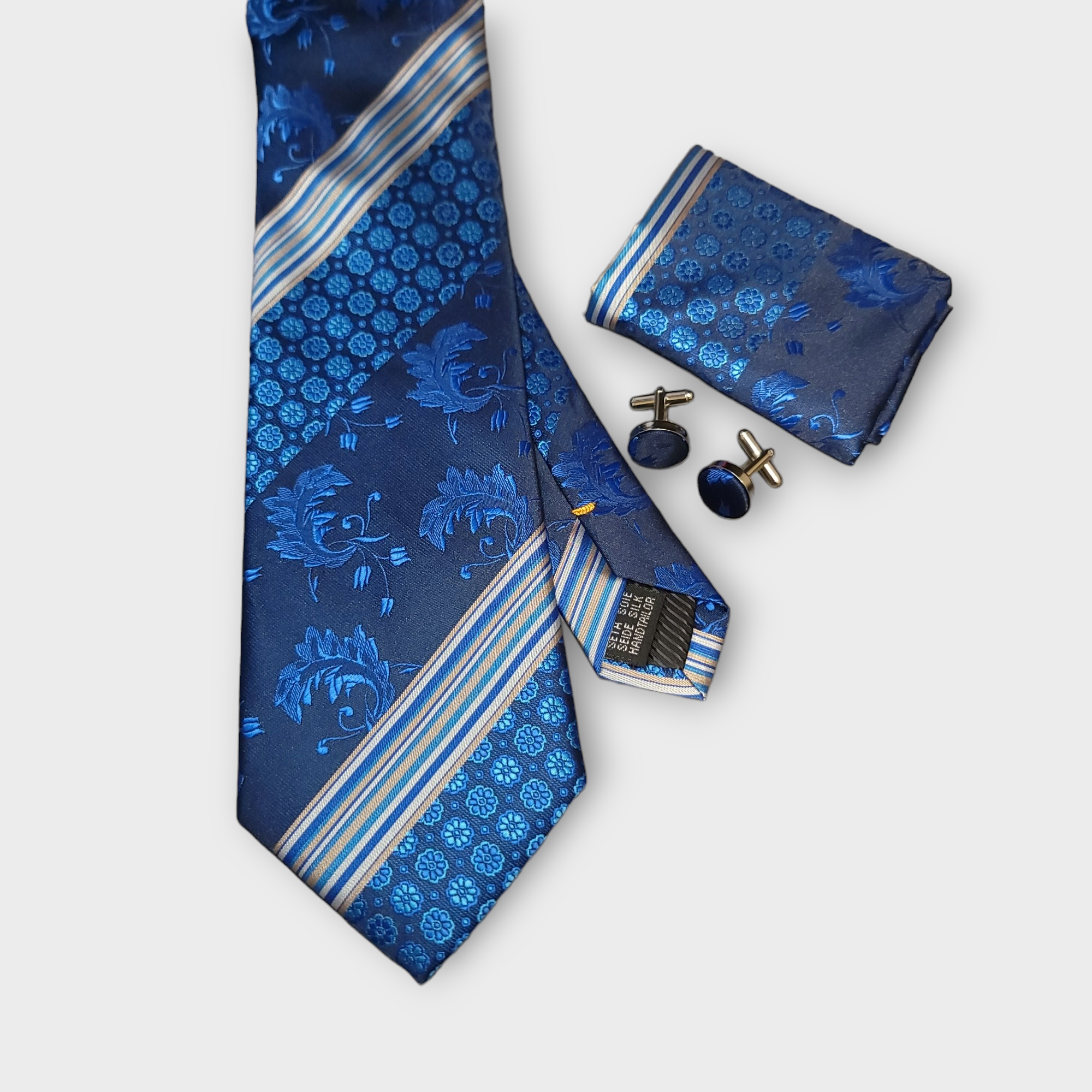 Blue Floral Striped Silk Tie Pocket Square Cufflink Set