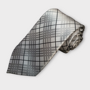 Silver Black Plaid Silk Tie Pocket Square Cufflink Set