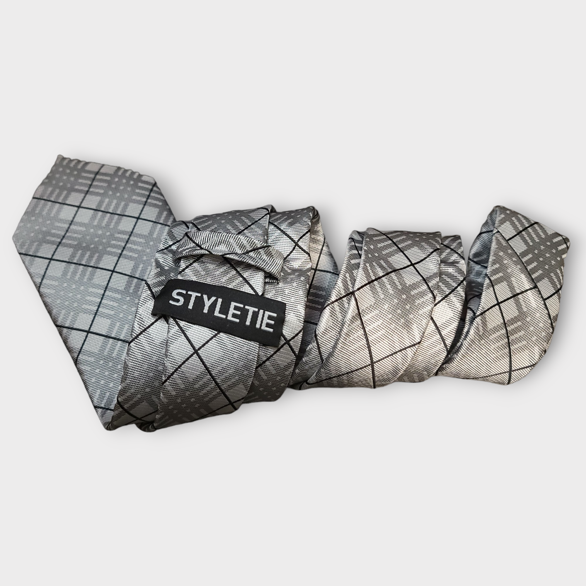 Silver Black Plaid Silk Tie Pocket Square Cufflink Set