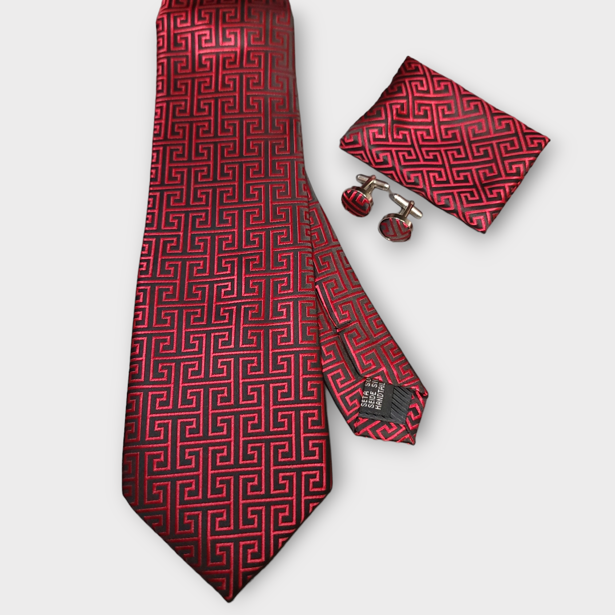 Red Black Geometric Silk Tie Pocket Square Cufflink Set