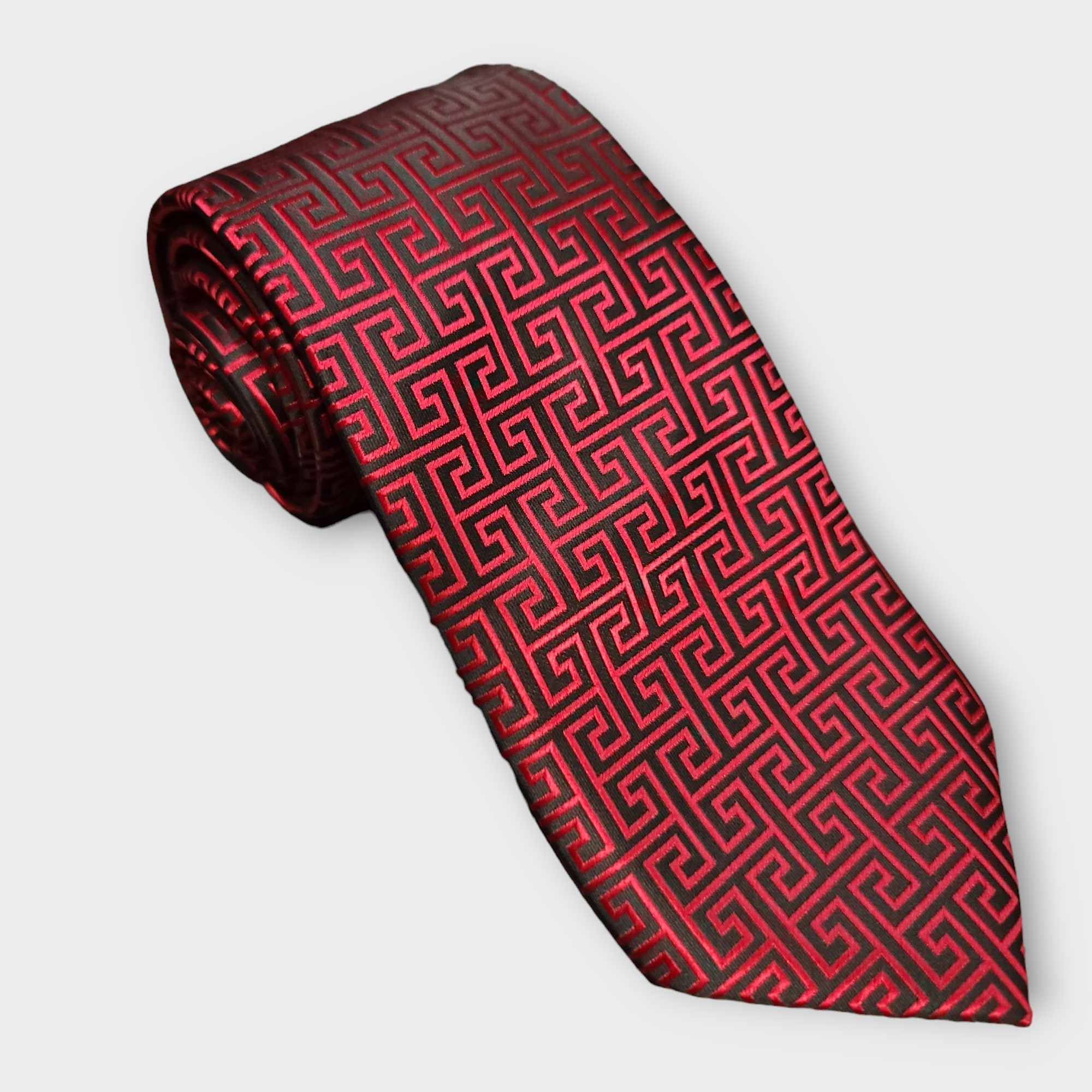 Red Black Geometric Silk Tie Pocket Square Cufflink Set