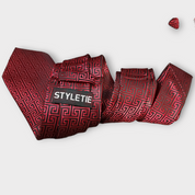 Red Black Geometric Silk Tie Pocket Square Cufflink Set