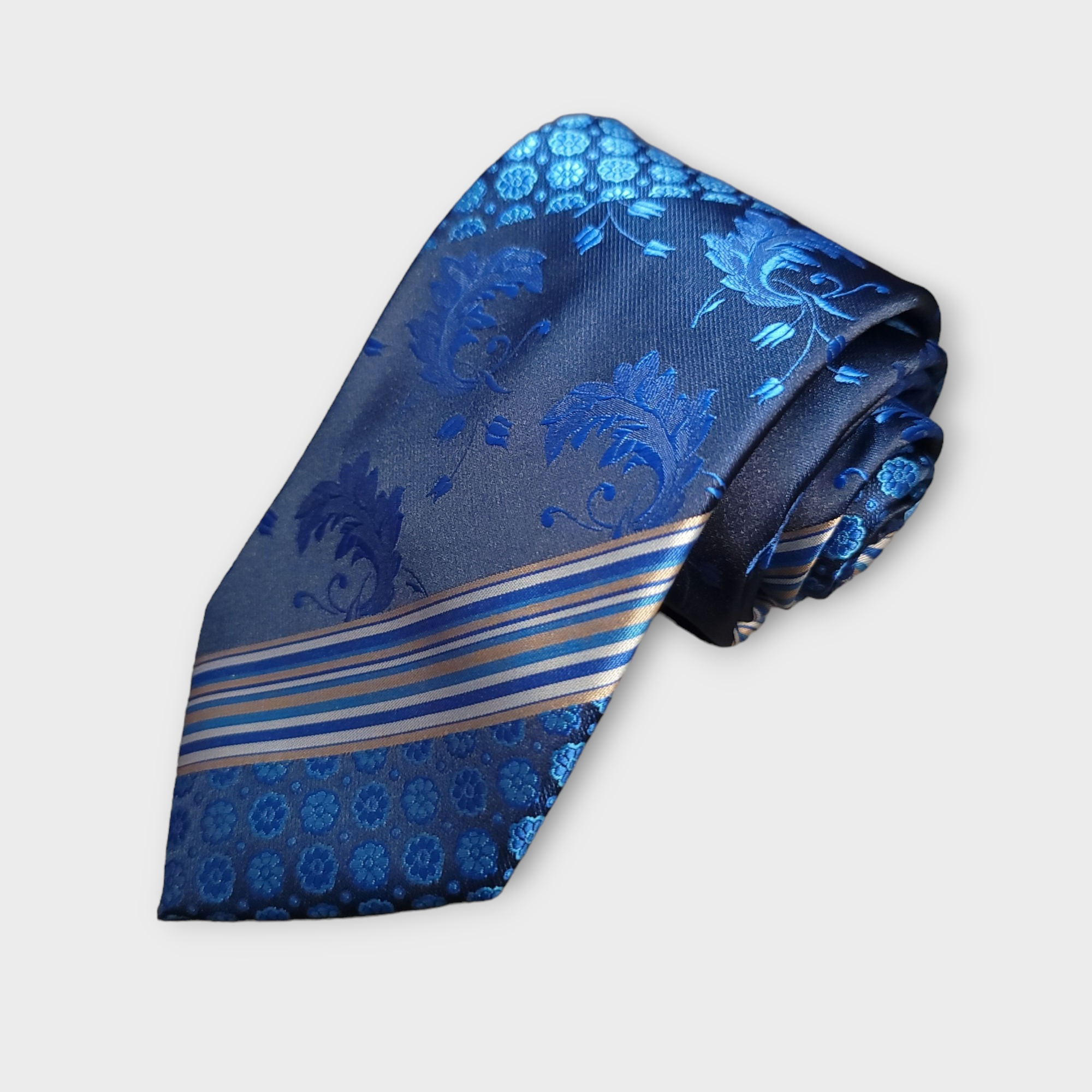 Blue Floral Striped Silk Tie Pocket Square Cufflink Set