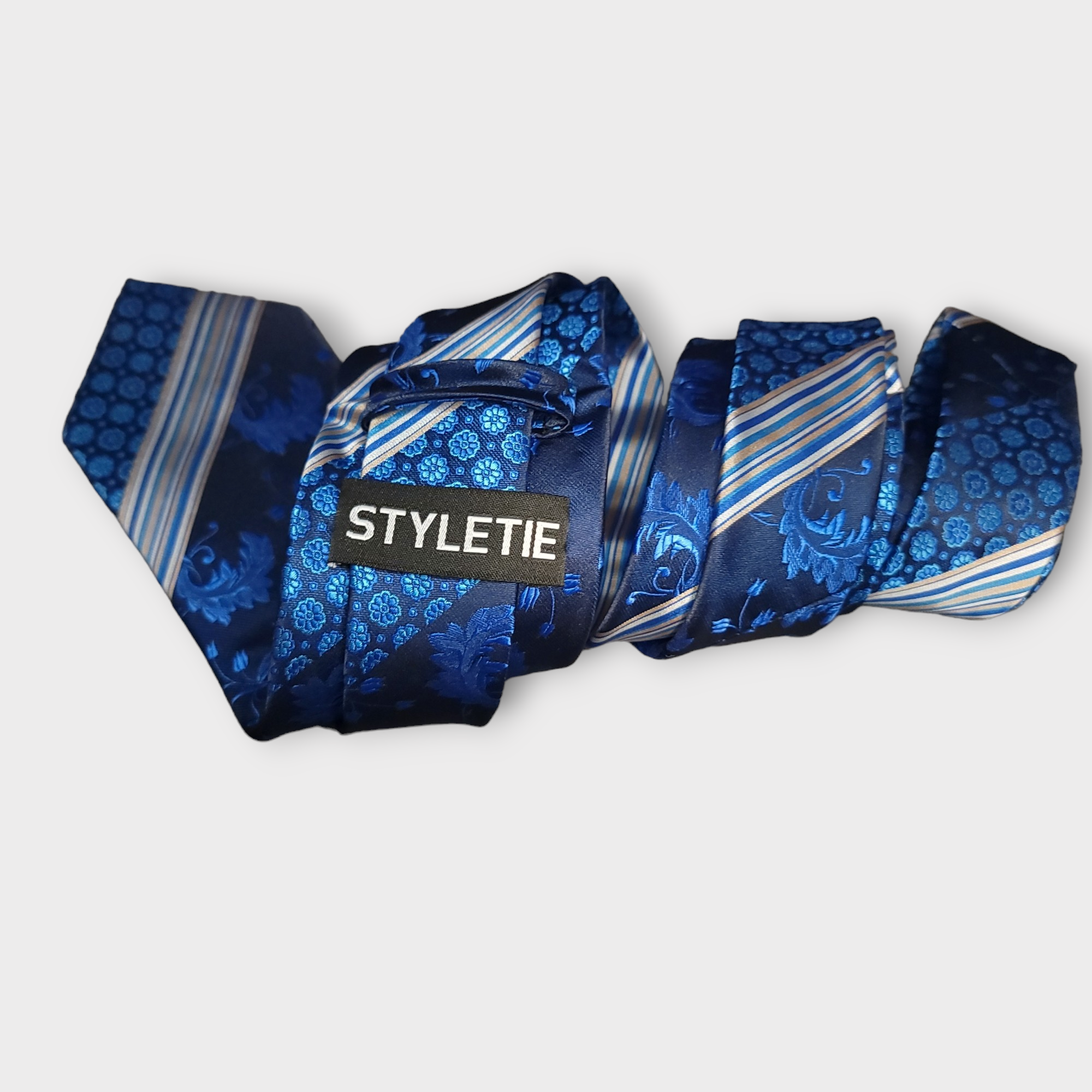 Blue Floral Striped Silk Tie Pocket Square Cufflink Set