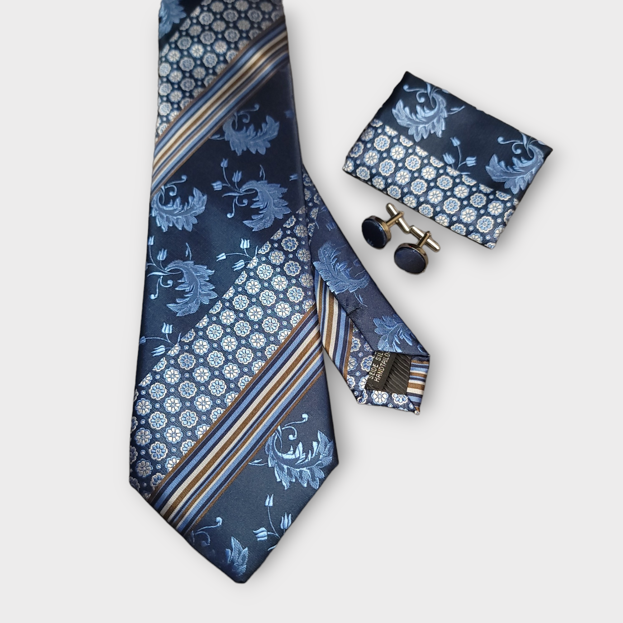 Navy Blue Floral Stripe Silk Tie Pocket Square Cufflink Set