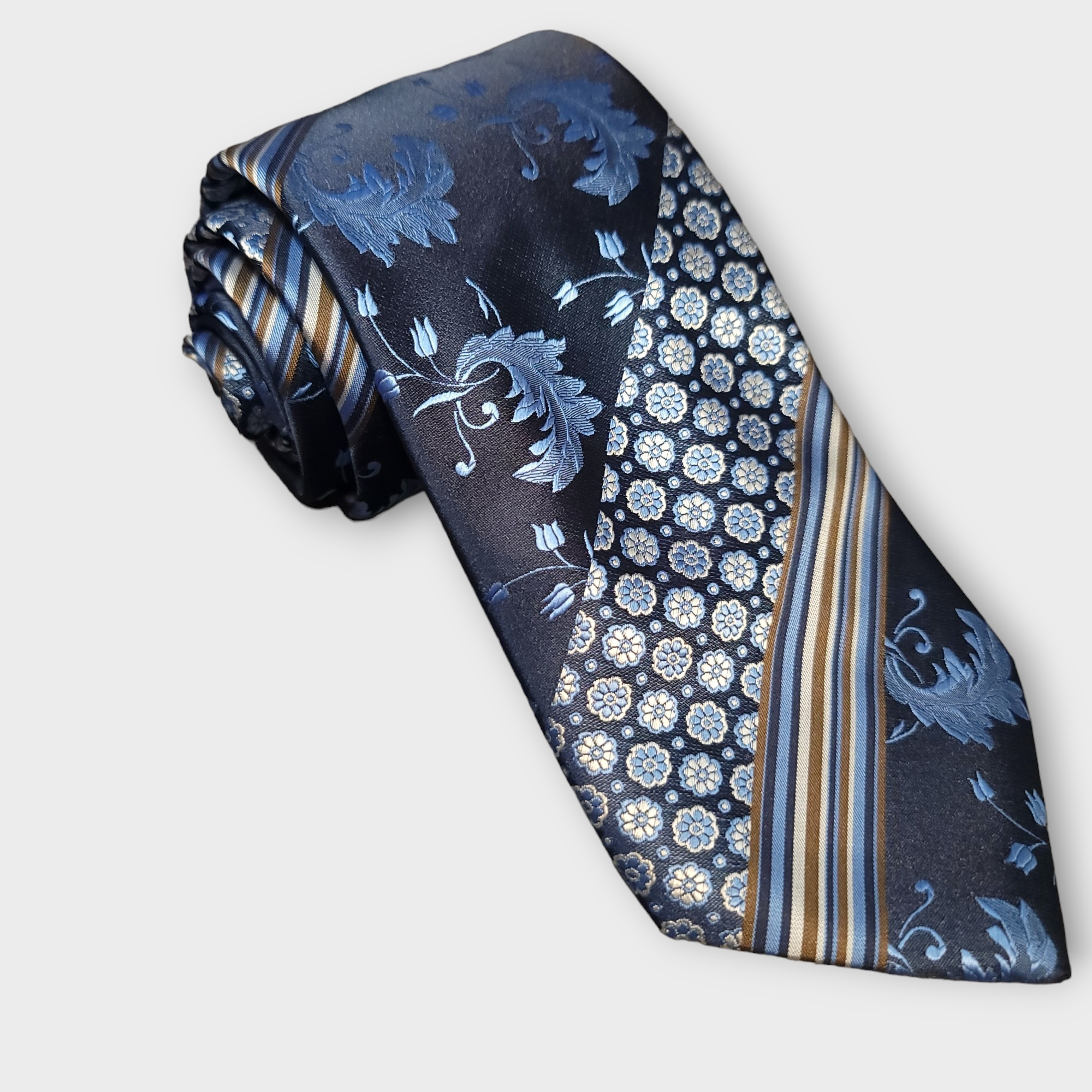 Navy Blue Floral Stripe Silk Tie Pocket Square Cufflink Set