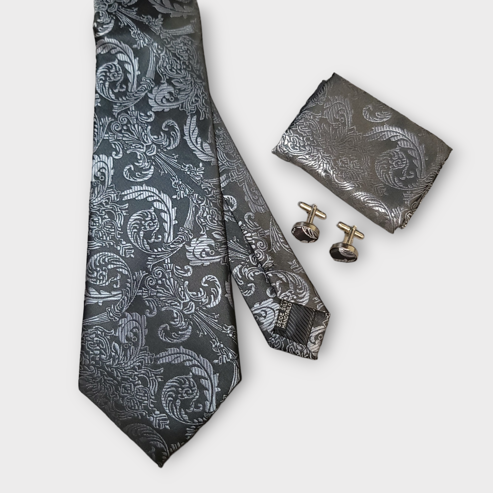 Black & Dim Gray Silk Tie Pocket Square & Cufflinks Set