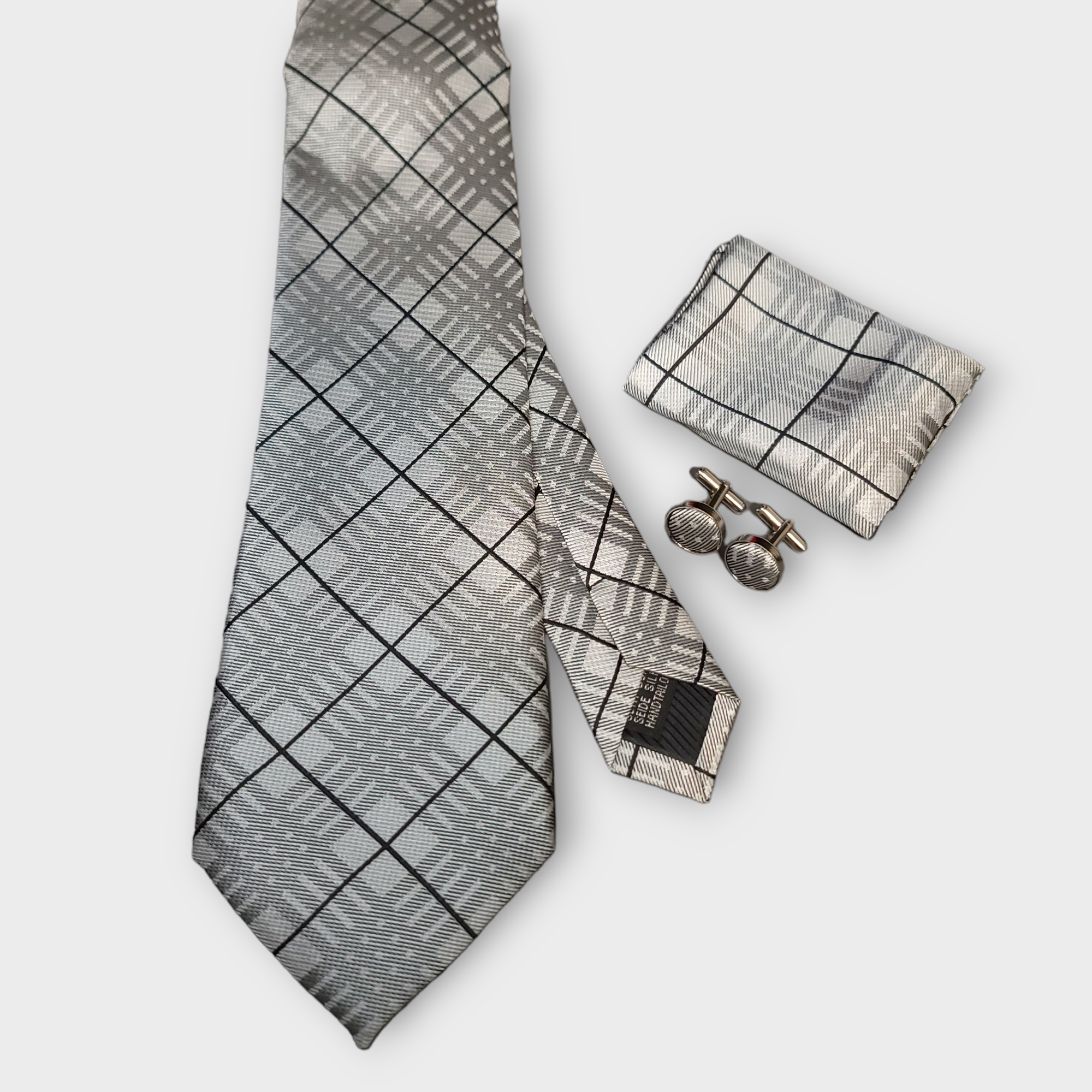 Silver Black Plaid Silk Tie Pocket Square Cufflink Set