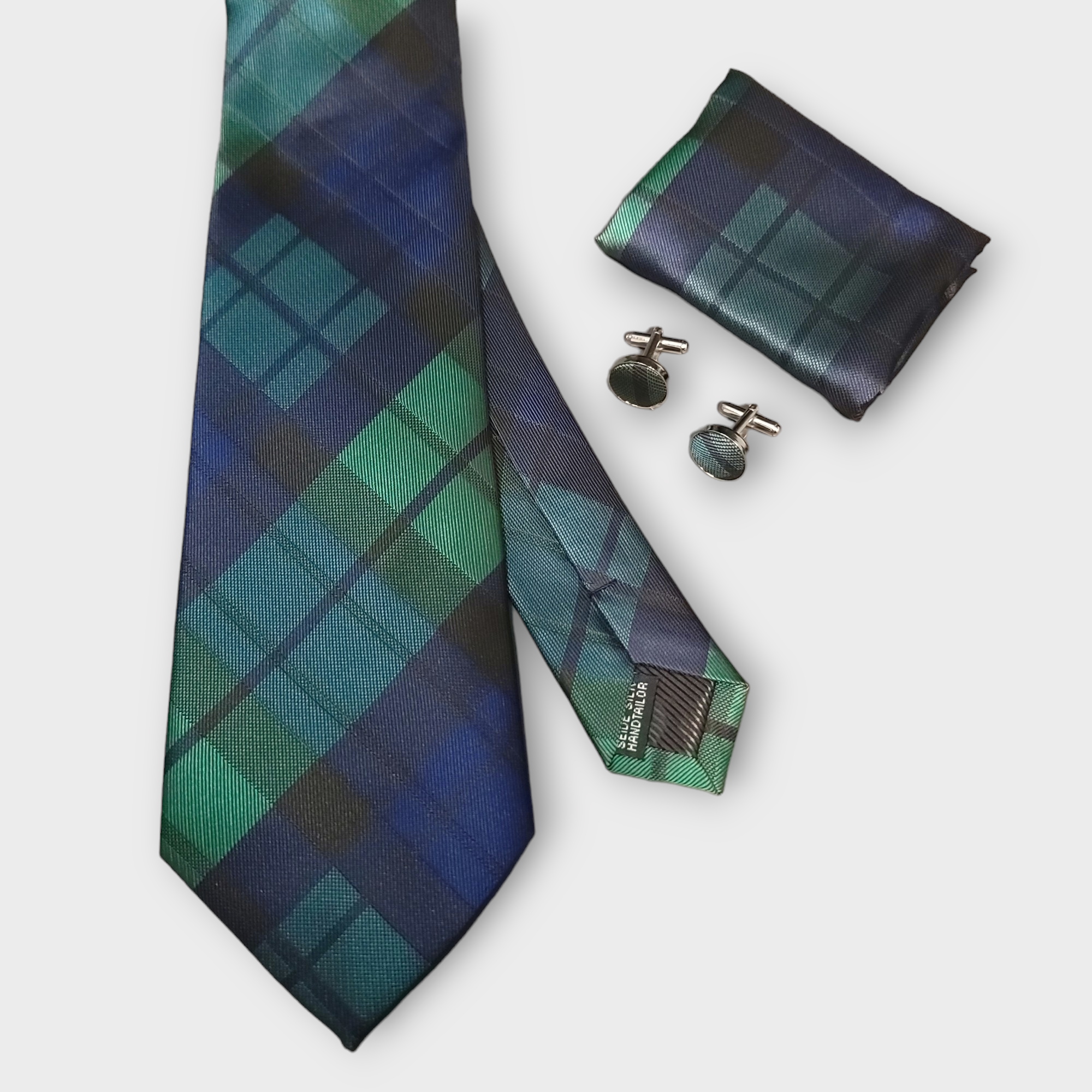Navy Blue Green Plaid Silk Tie Pocket Square Cufflink Set