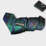 Navy Blue Green Plaid Silk Tie Pocket Square Cufflink Set