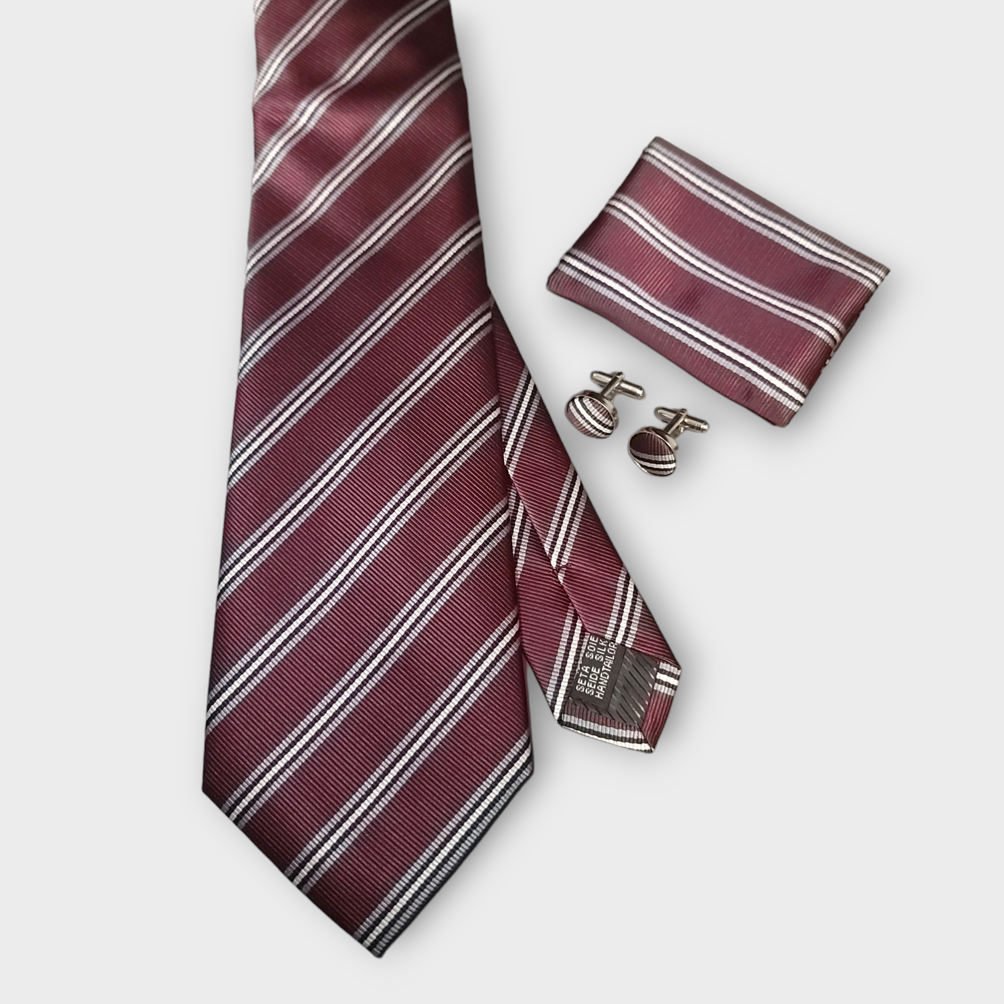 Purple Striped Silk Tie Pocket Square Cufflink Set