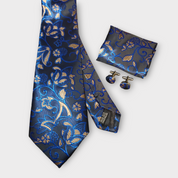 Black Blue Floral Silk Tie Pocket Square Cufflink Set