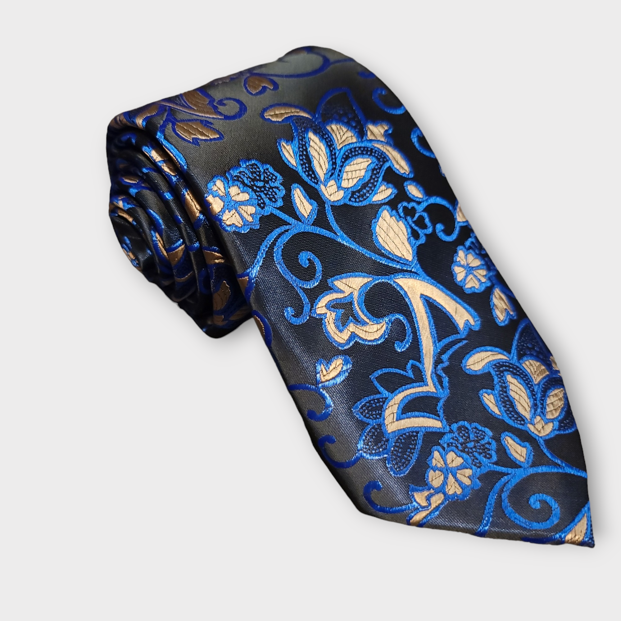 Black Blue Floral Silk Tie Pocket Square Cufflink Set