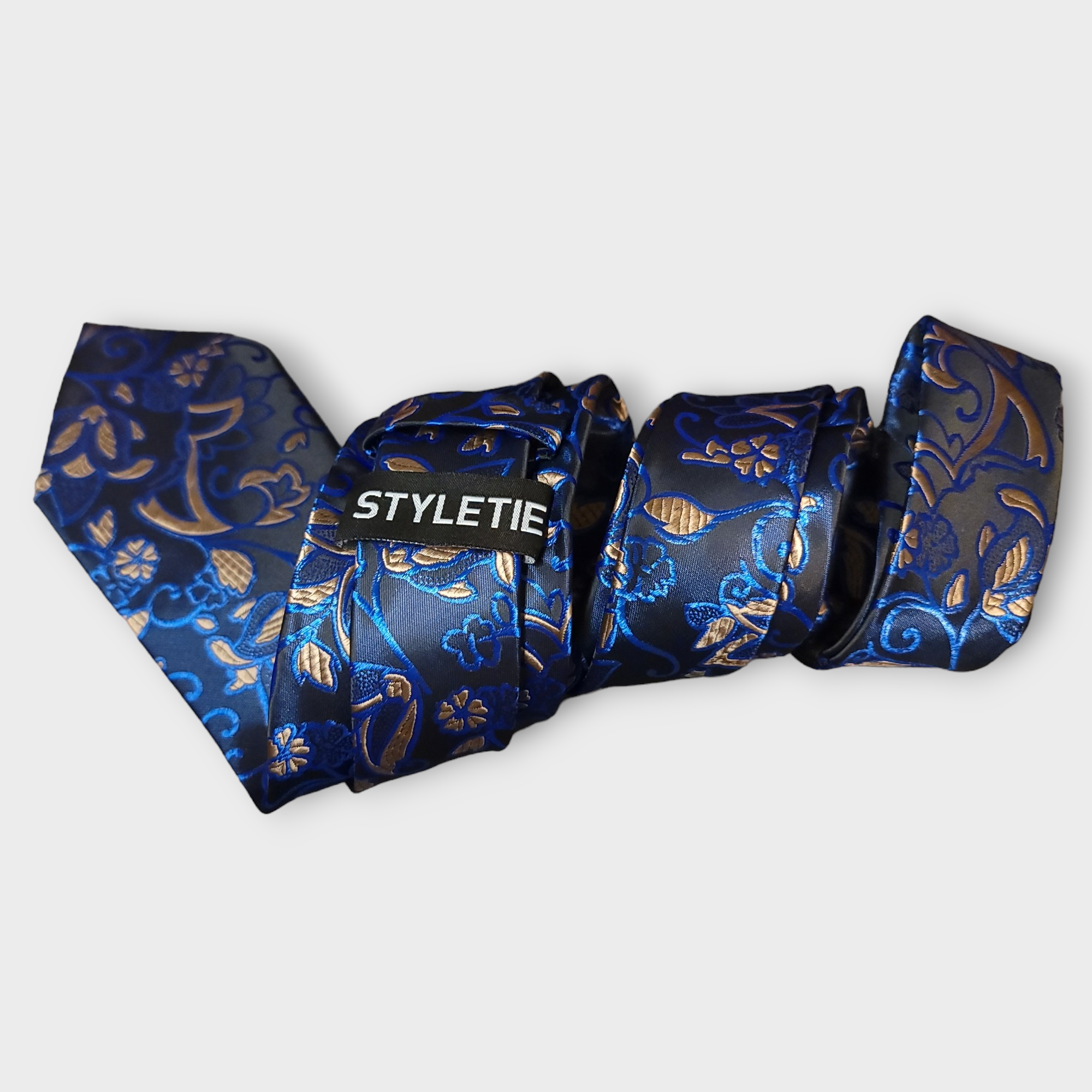 Black Blue Floral Silk Tie Pocket Square Cufflink Set