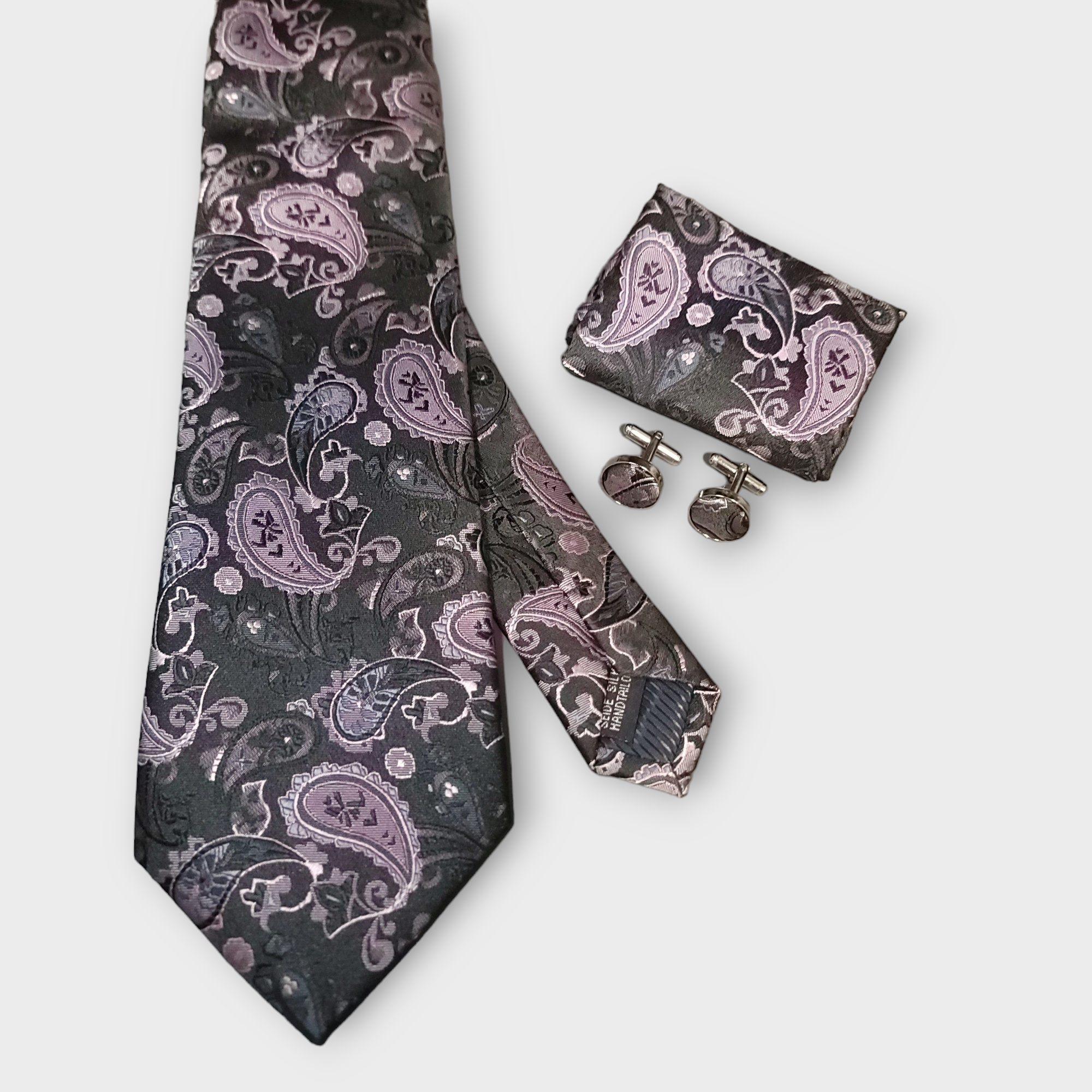 Black Lavender  Paisley Silk Tie Pocket Square Cufflink Set