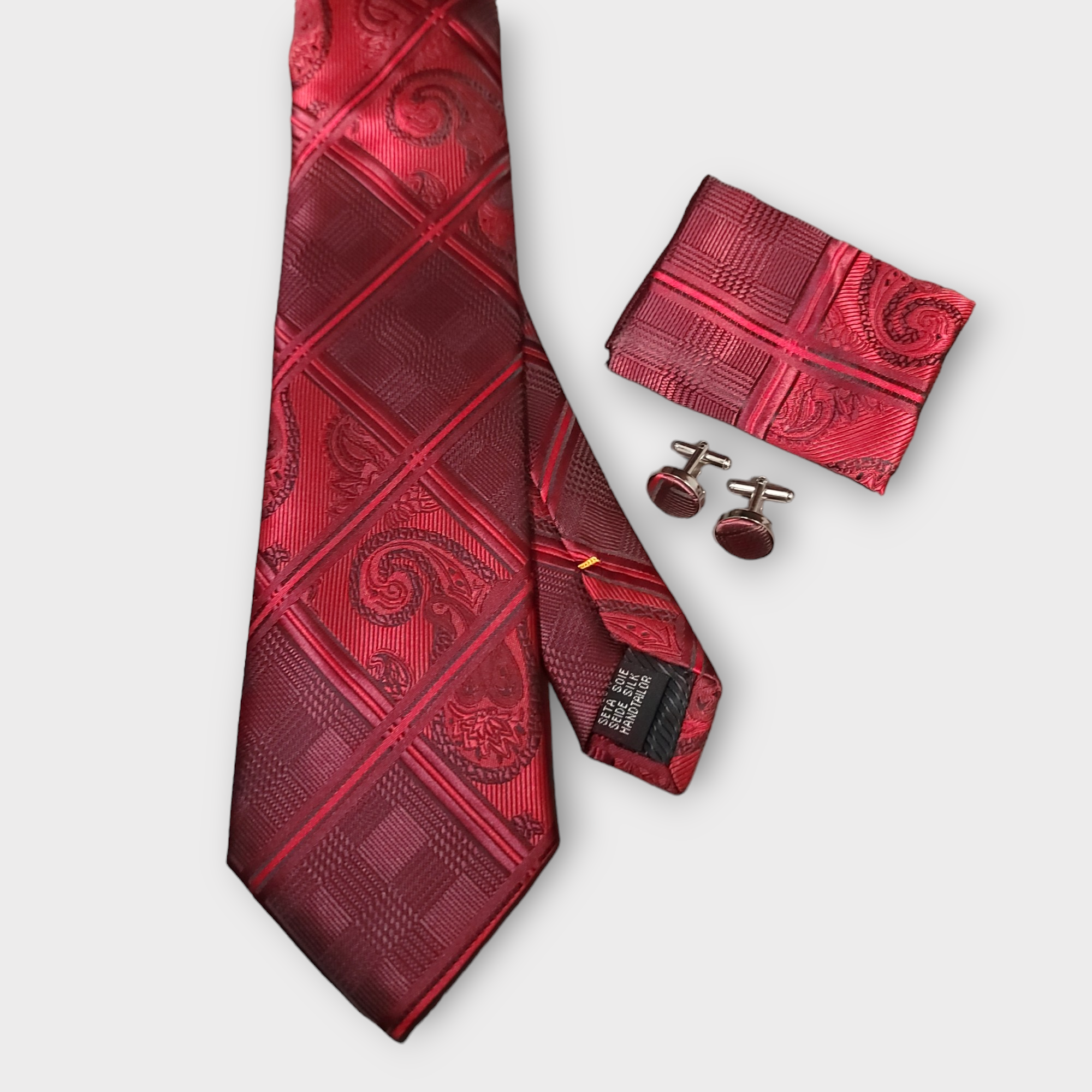 Red Wine Striped Silk Tie Pocket Square Cufflinks Set