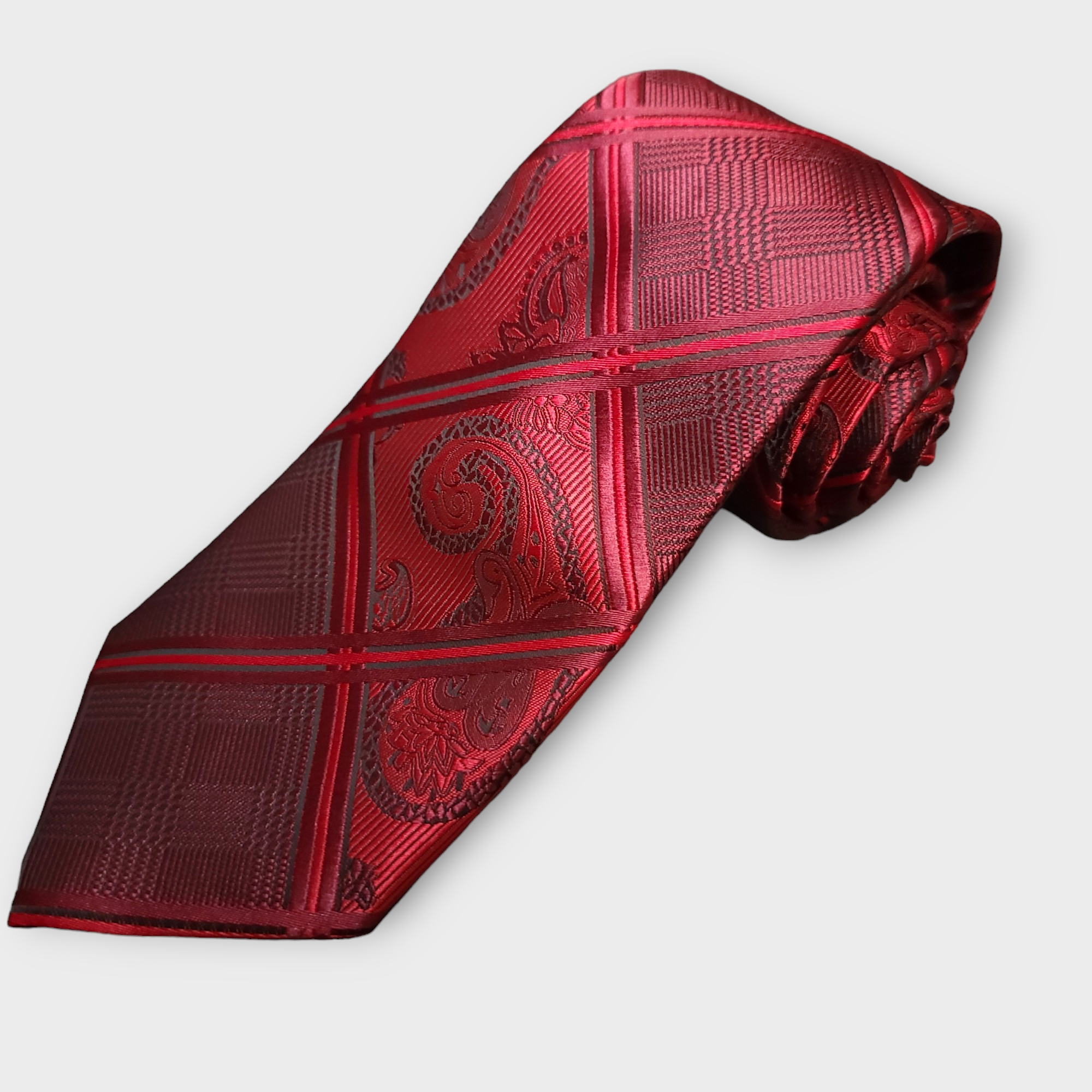 Red Wine Striped Silk Tie Pocket Square Cufflinks Set