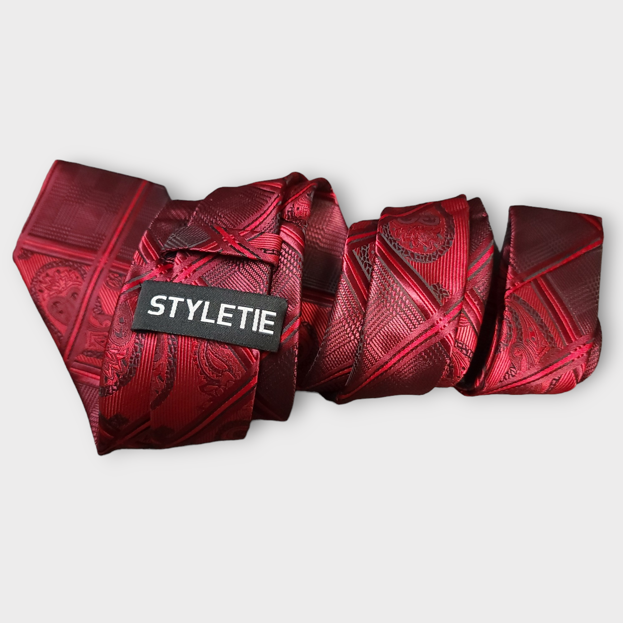 Red Wine Striped Silk Tie Pocket Square Cufflinks Set