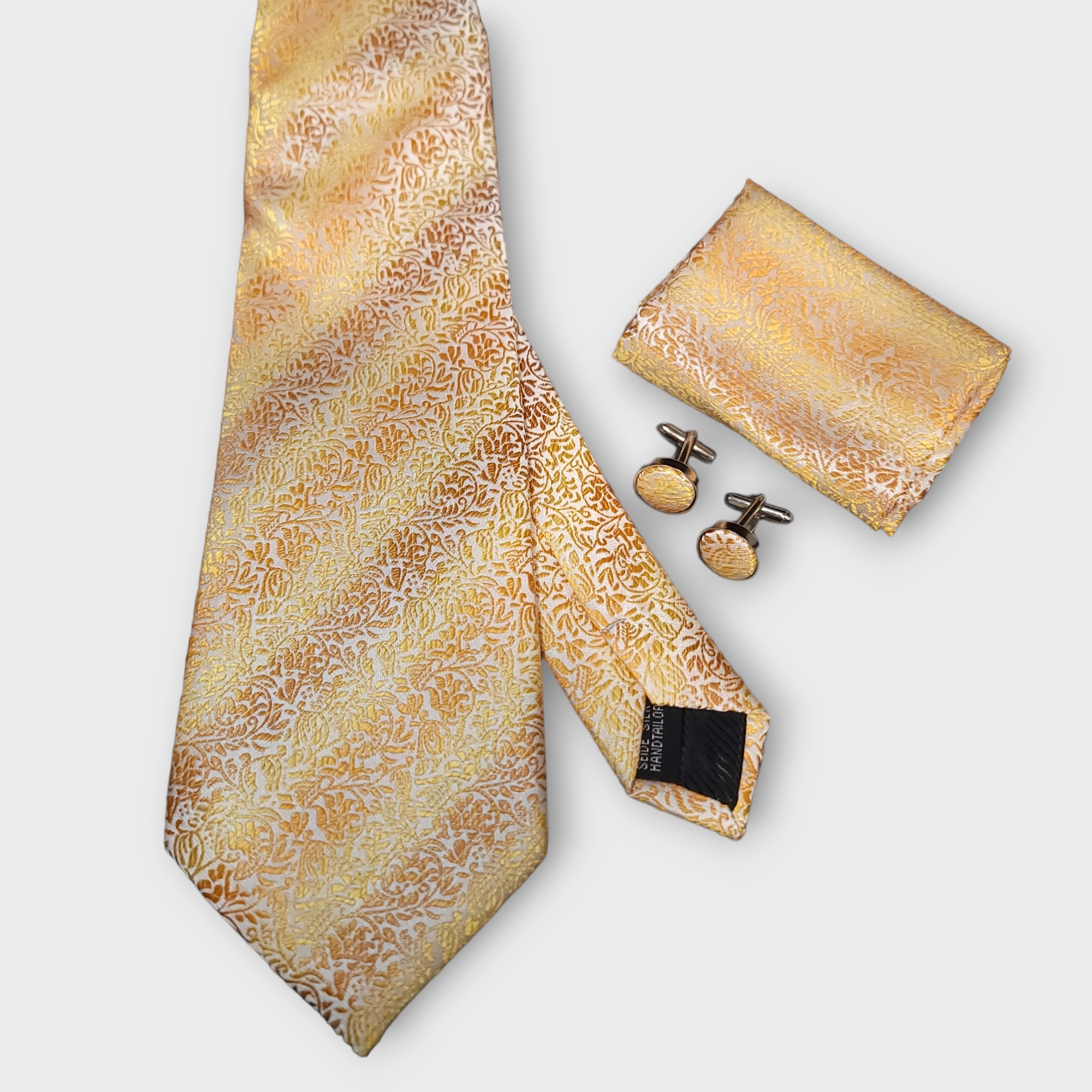 Gold Floral Silk Tie Pocket Square Cufflink Set